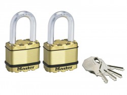 Master Lock Excell Brass Finish 50mm Padlock 4-Pin - 38mm Shackle Keyed Alike x 2