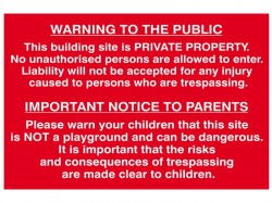 Scan Building Site Warning to Public & Parents - PVC Sign 600 x 400mm