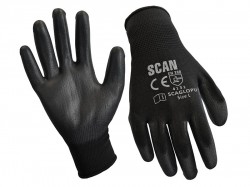 Scan Black PU Coated Gloves - L (Size 9) (12 Pairs)